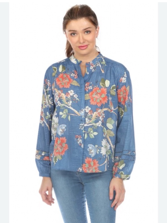 Johnny Was Tops - Johnny Was Blue Floral Split-Front Mandarin Blouse